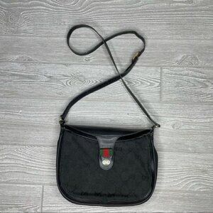 Vintage GUCCI Black Canvas Leather Saddle Purse bag long crossbody strap